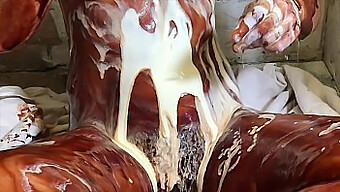 A Chocolate-Covered Babe Gets Creamed And Left Dripping In The Kitchen